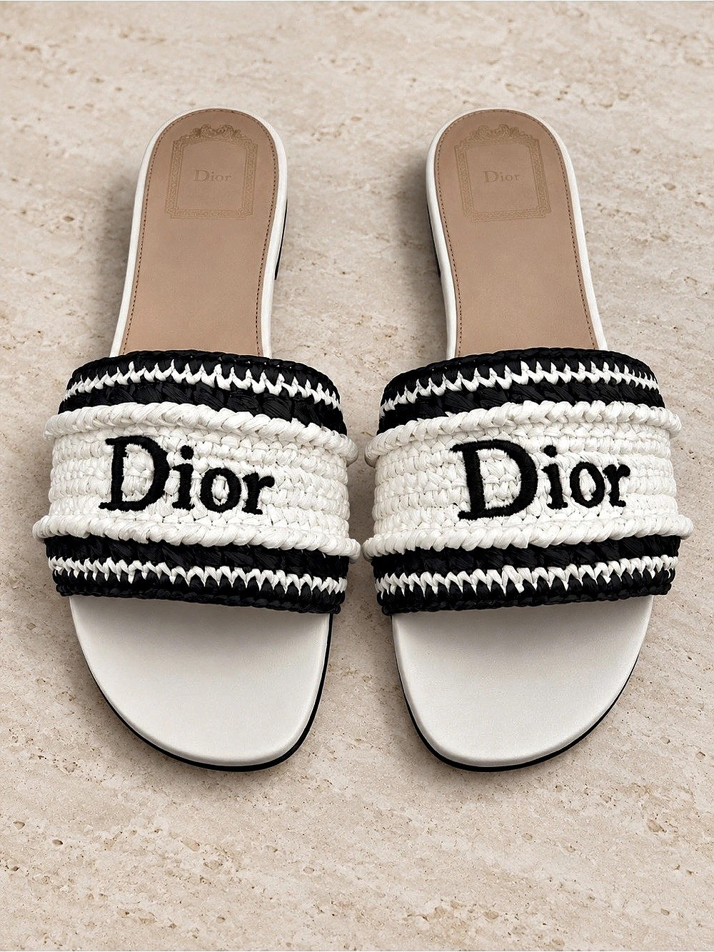 Dior Dioriviera Dior Woven Slide Sandals White & Black EU 38